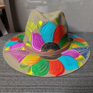Hand Painted Floral Straw Fedora Hat – Multicolor Artisan Boho Festival Hat